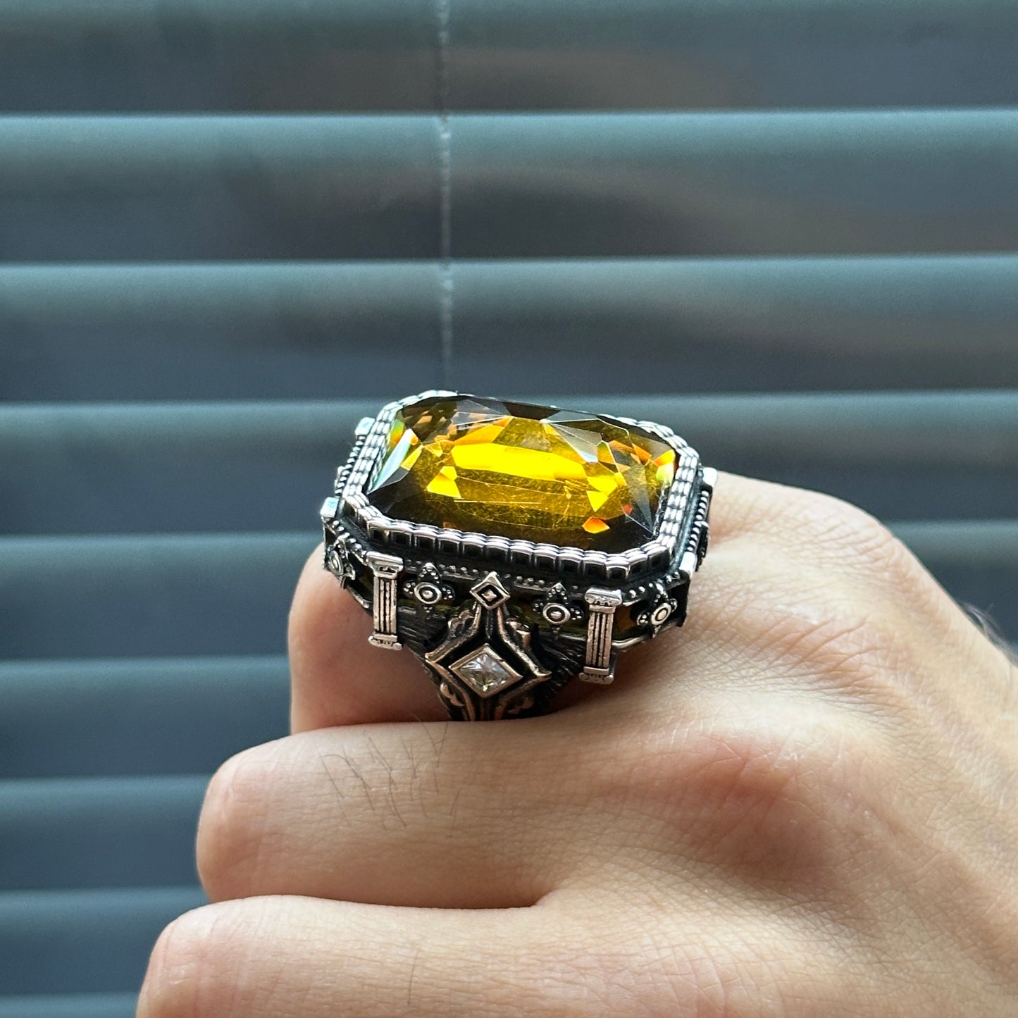 Men Silver Large Yellow Citrine Gemstone Handmade Ring