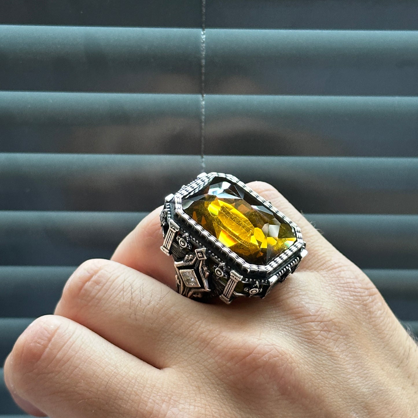 Men Silver Large Yellow Citrine Gemstone Handmade Ring