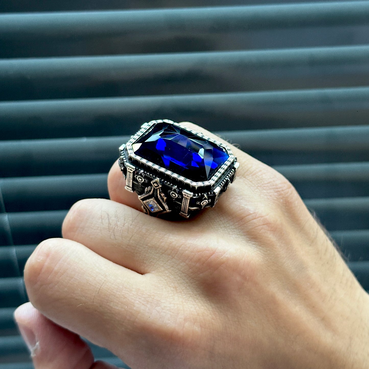 Men Large Sapphire Gemstone Square Ottoman Style Ring