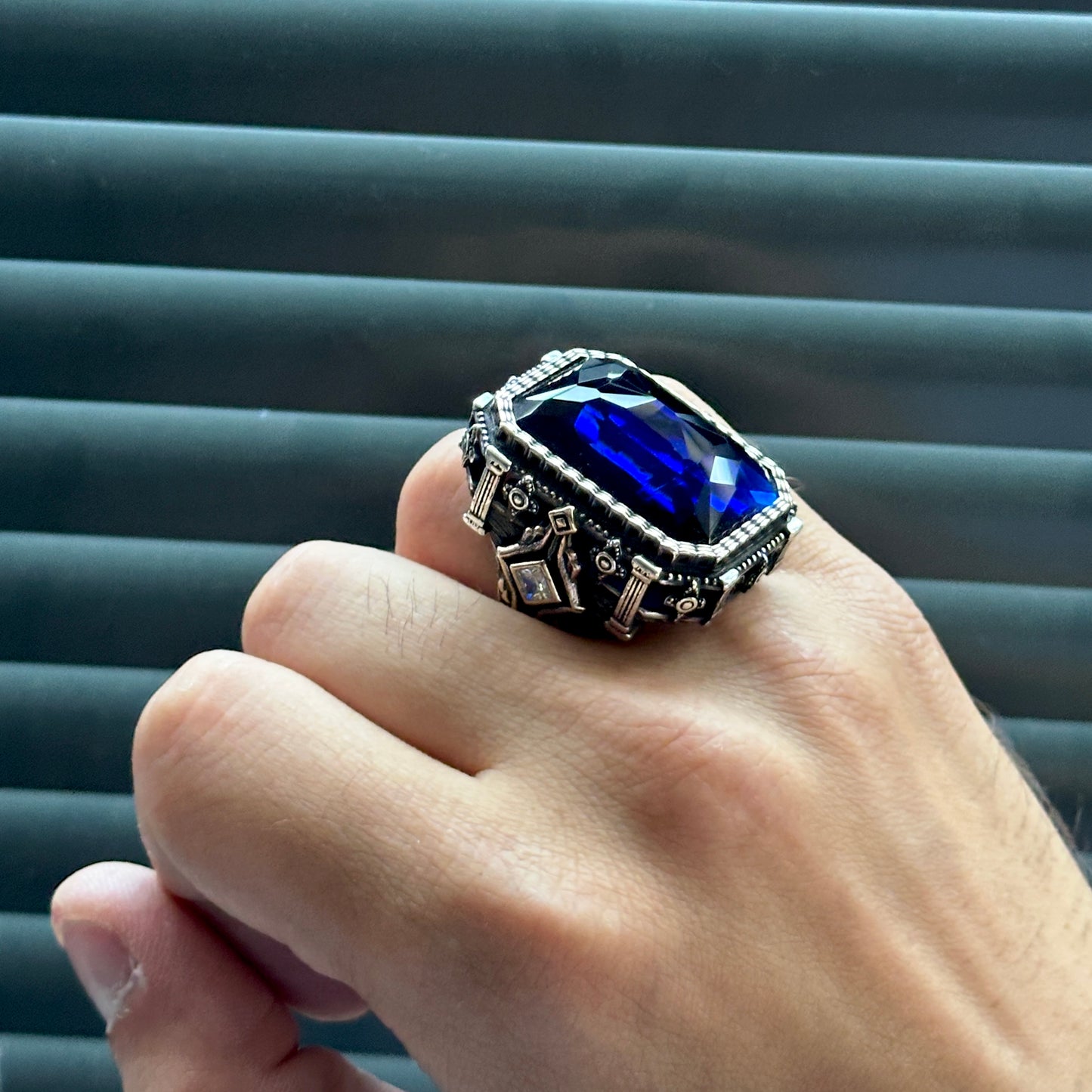 Men Large Sapphire Gemstone Square Ottoman Style Ring