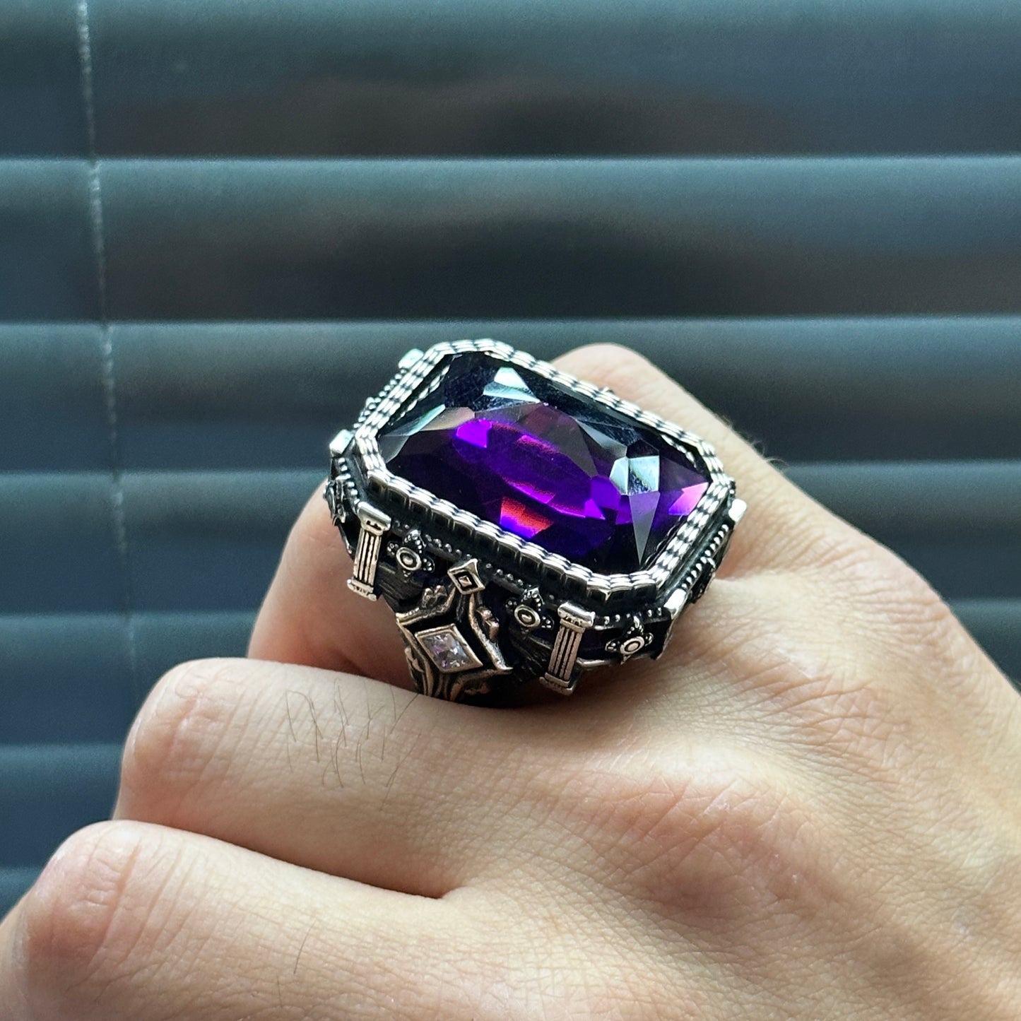 Men Silver Large Amethyst Gemstone Ottoman Ring