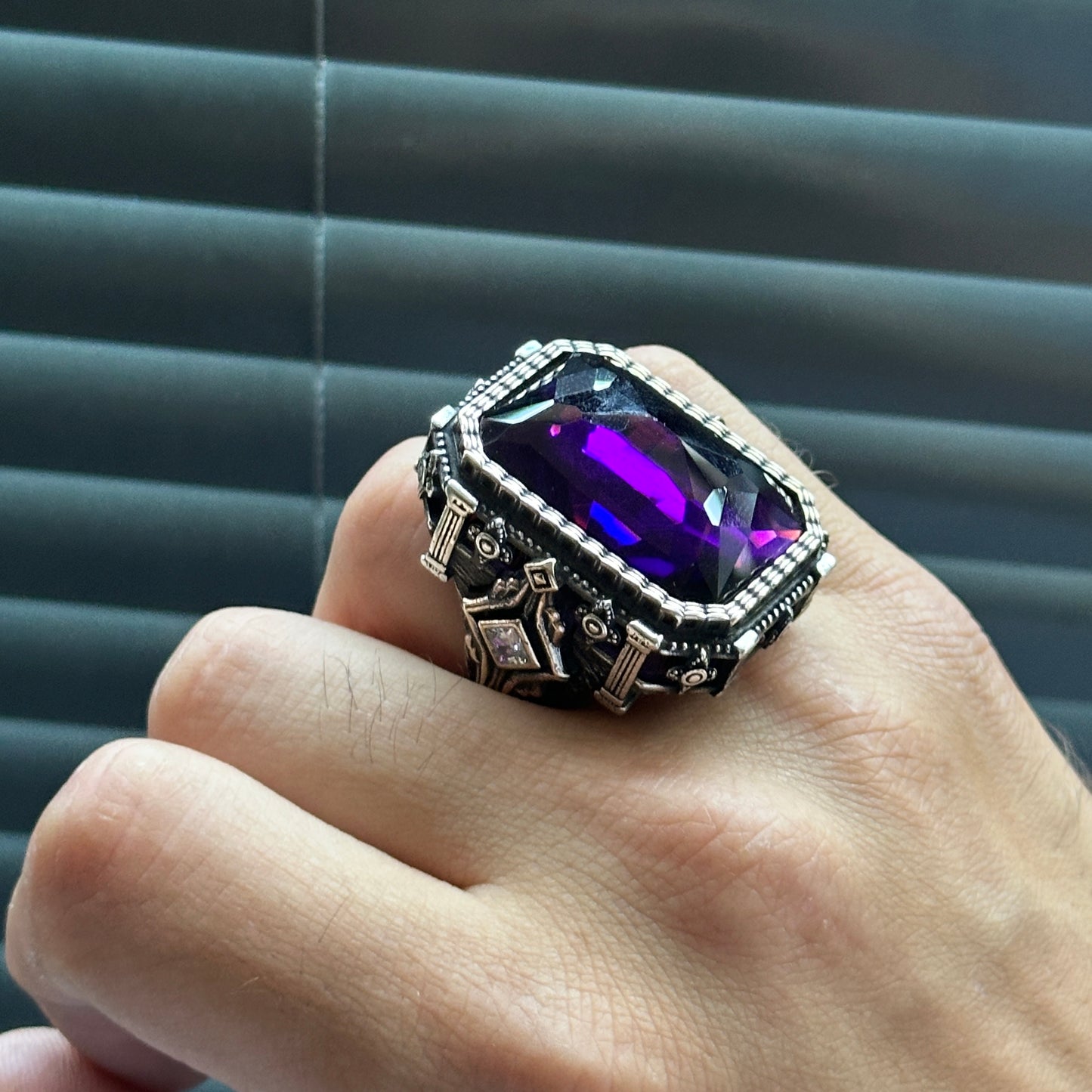 Men Silver Large Amethyst Gemstone Ottoman Ring