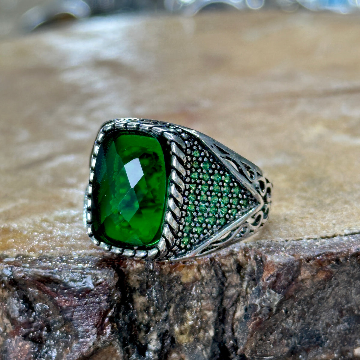 Men Handmade Micro Gemstone Emerald Stone Ring