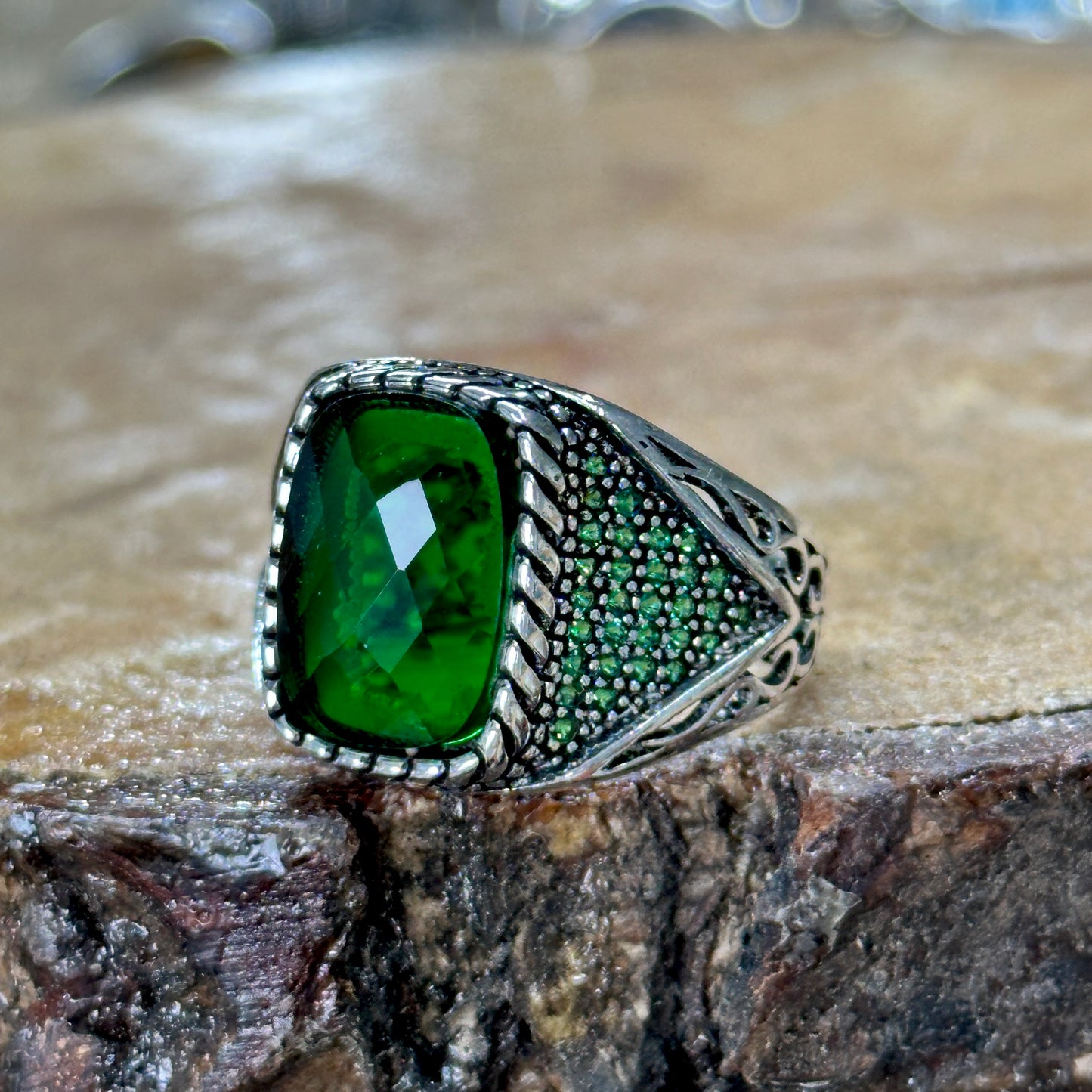 Men Handmade Micro Gemstone Emerald Stone Ring