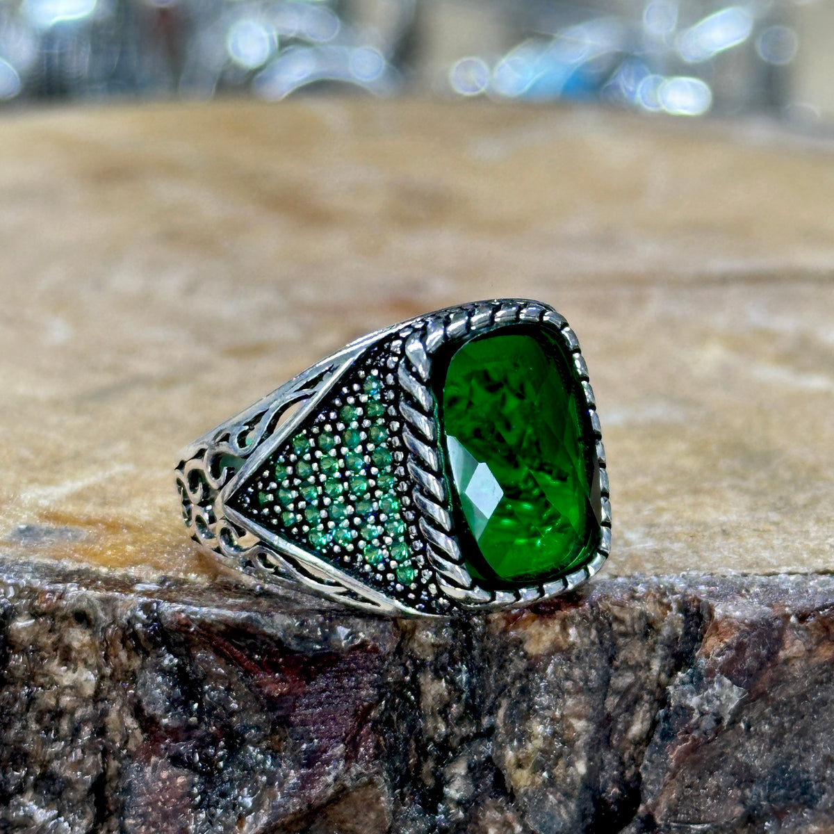 Men Handmade Micro Gemstone Emerald Stone Ring