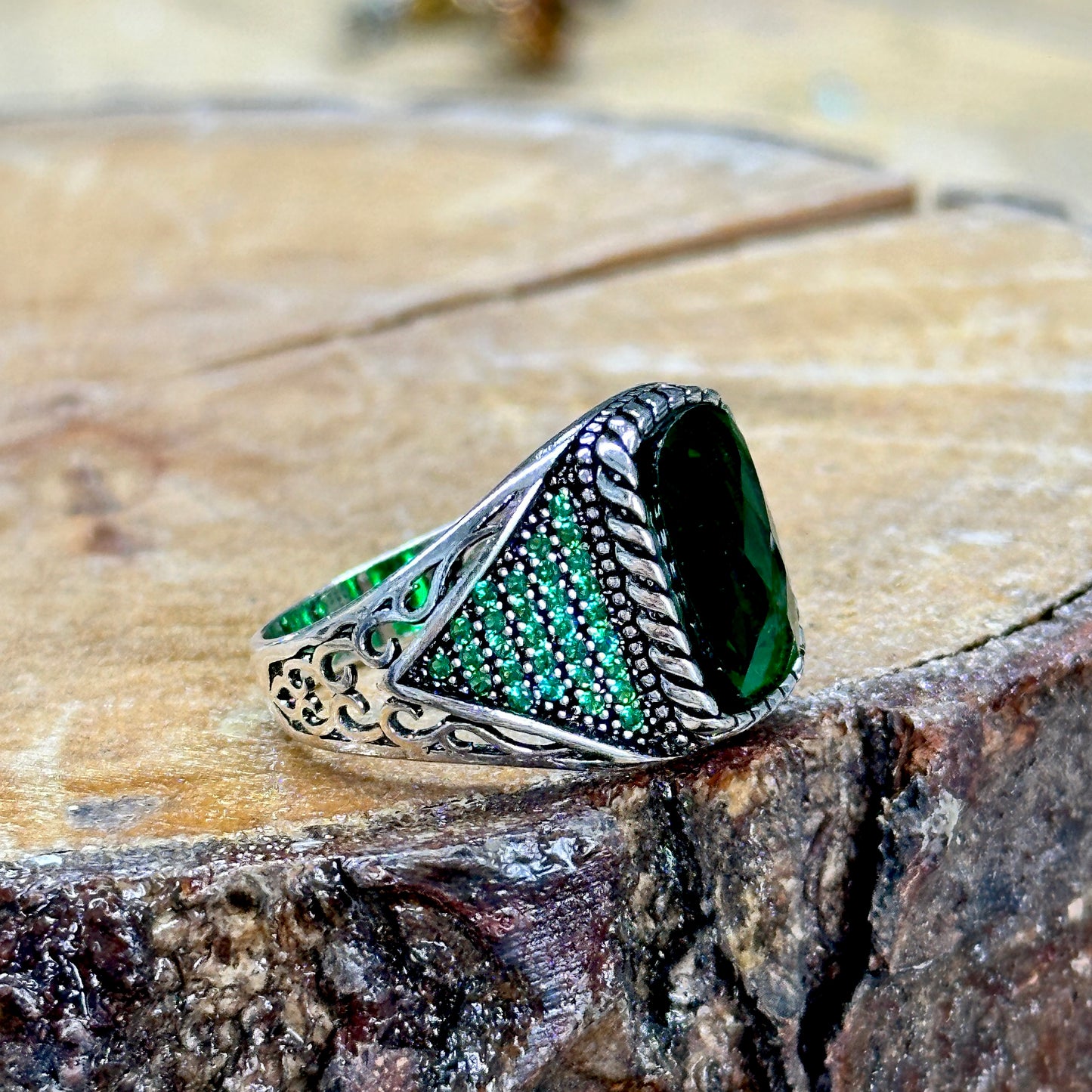 Men Handmade Micro Gemstone Emerald Stone Ring