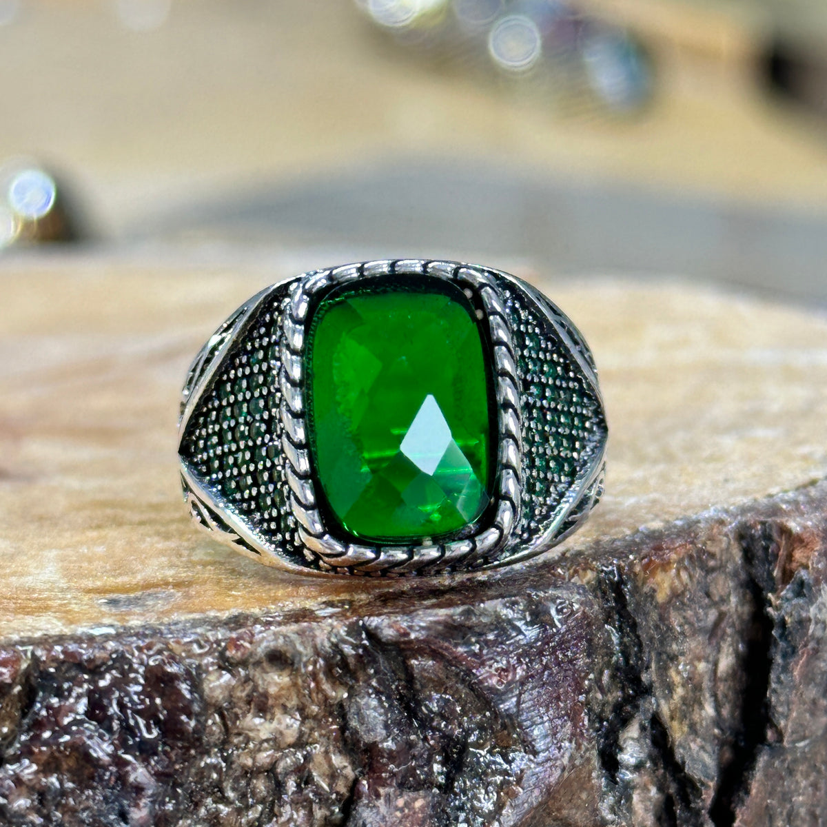 Men Handmade Micro Gemstone Emerald Stone Ring