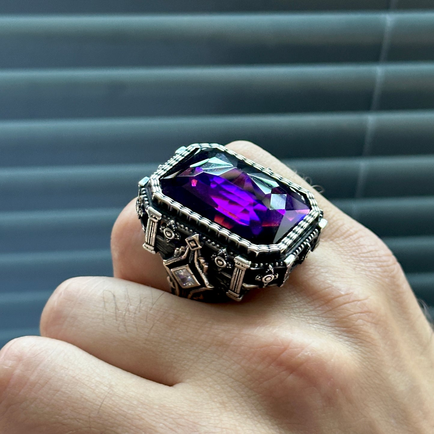 Men Silver Large Amethyst Gemstone Ottoman Ring