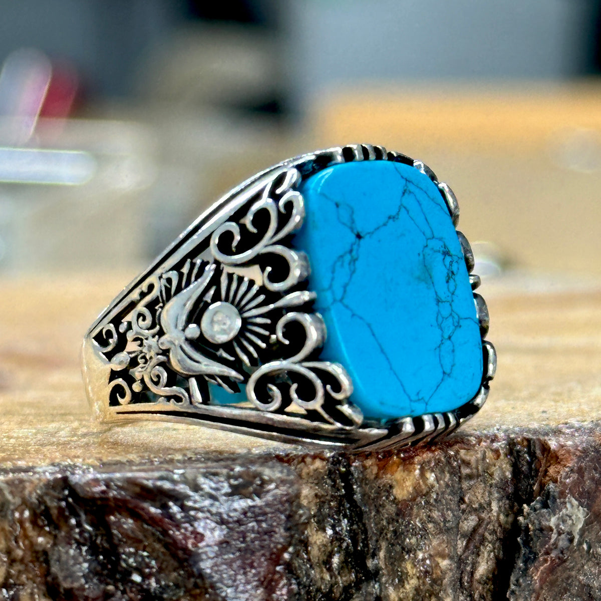 Men Handmade Natural Turquoise Stone Silver Ring
