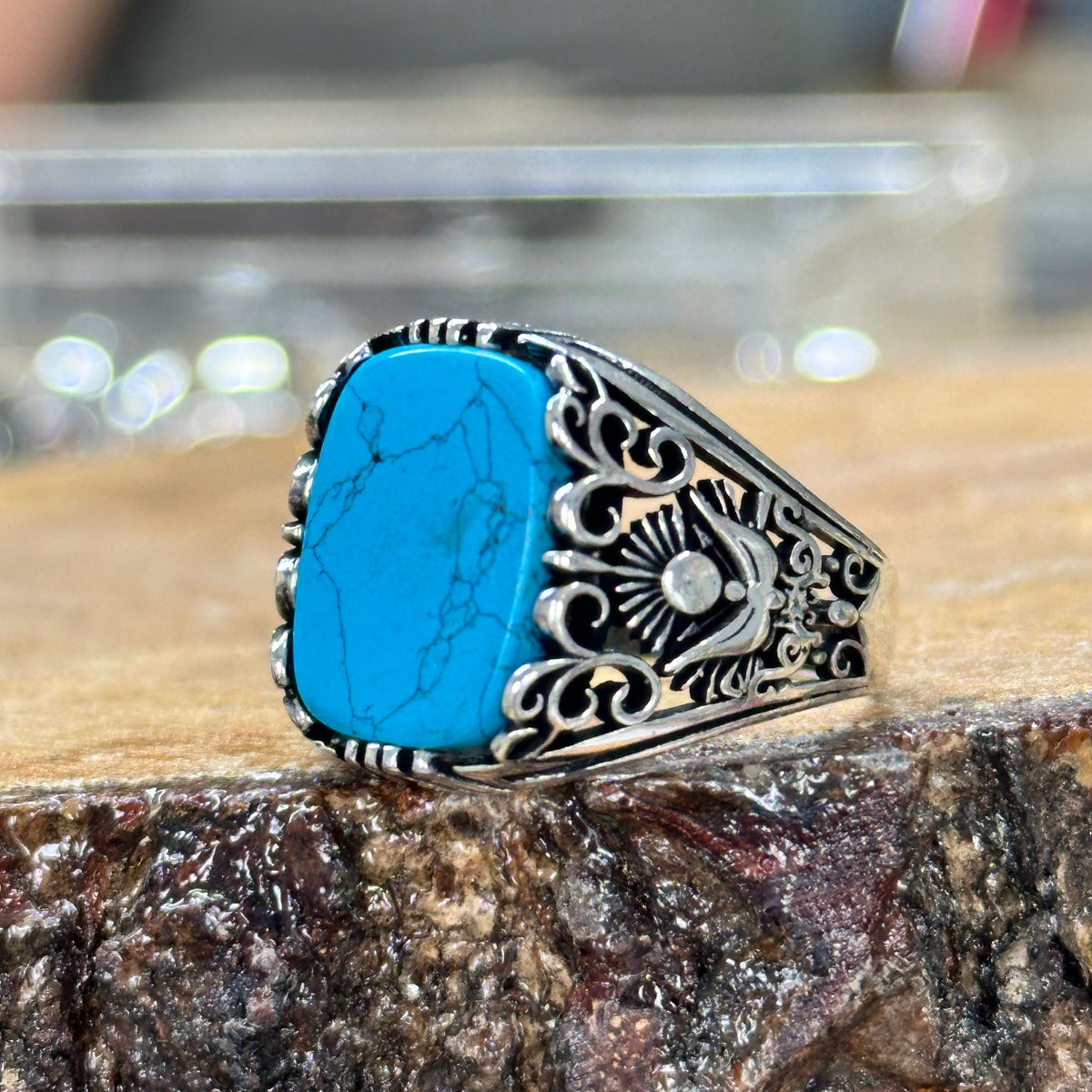 Men Handmade Natural Turquoise Stone Silver Ring