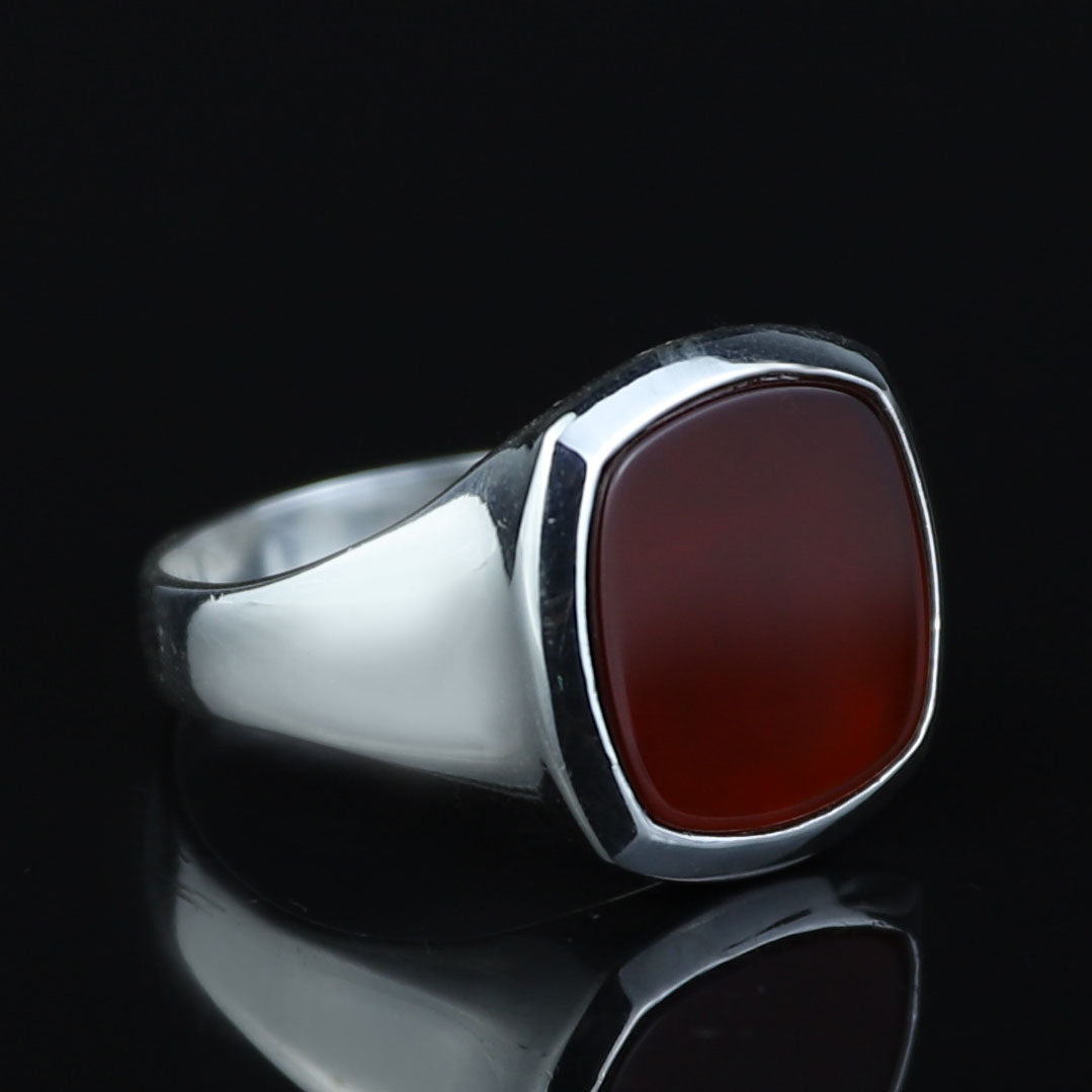 925 Sterling Silver Red Agate Square Ring for Men