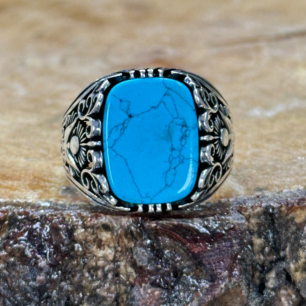 Men Handmade Natural Turquoise Stone Silver Ring