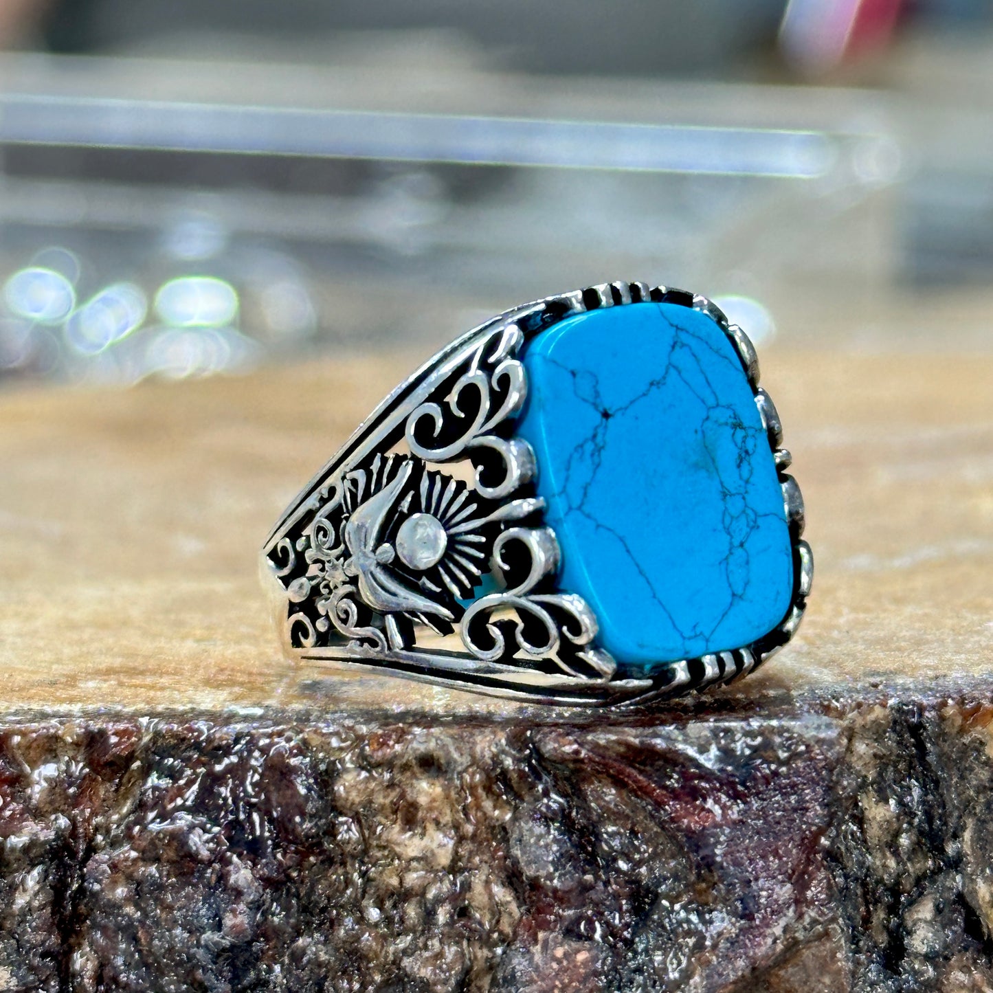 Men Handmade Natural Turquoise Stone Silver Ring