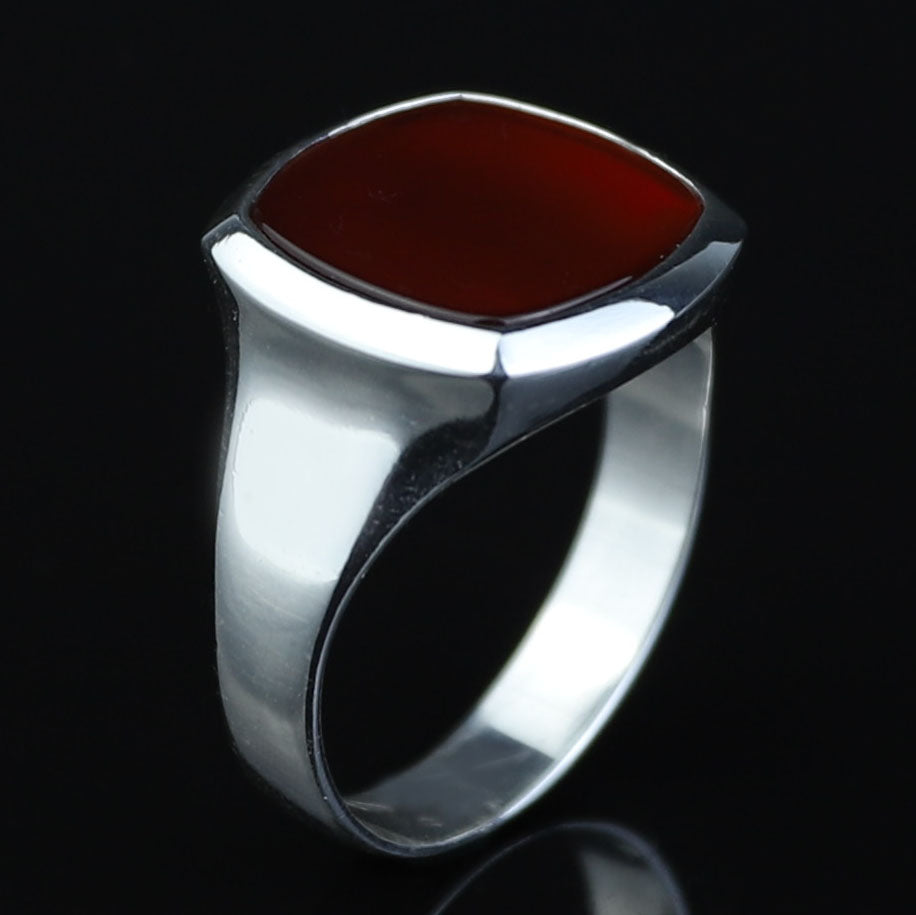 925 Sterling Silver Red Agate Square Ring for Men