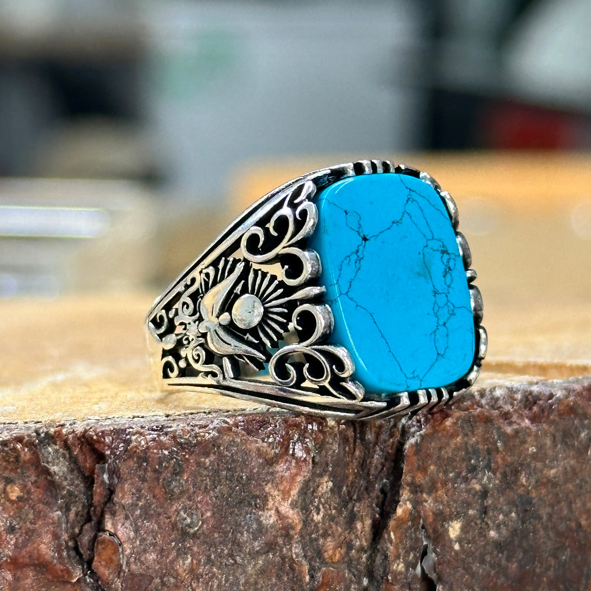 Men Handmade Natural Turquoise Stone Silver Ring