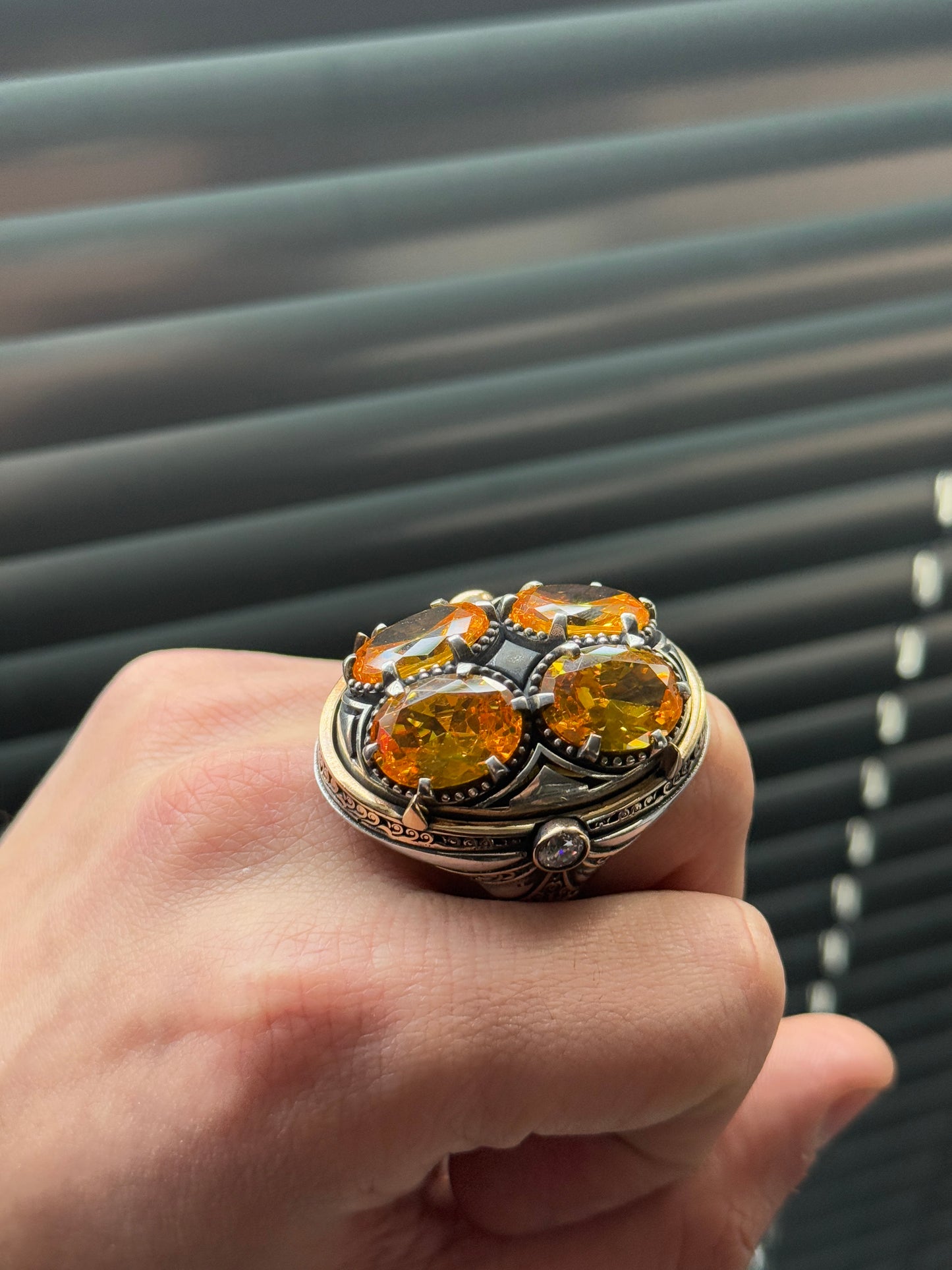 Men Silver Handmade Unique Yellow Citrine Gemstone Ottoman Style Ring