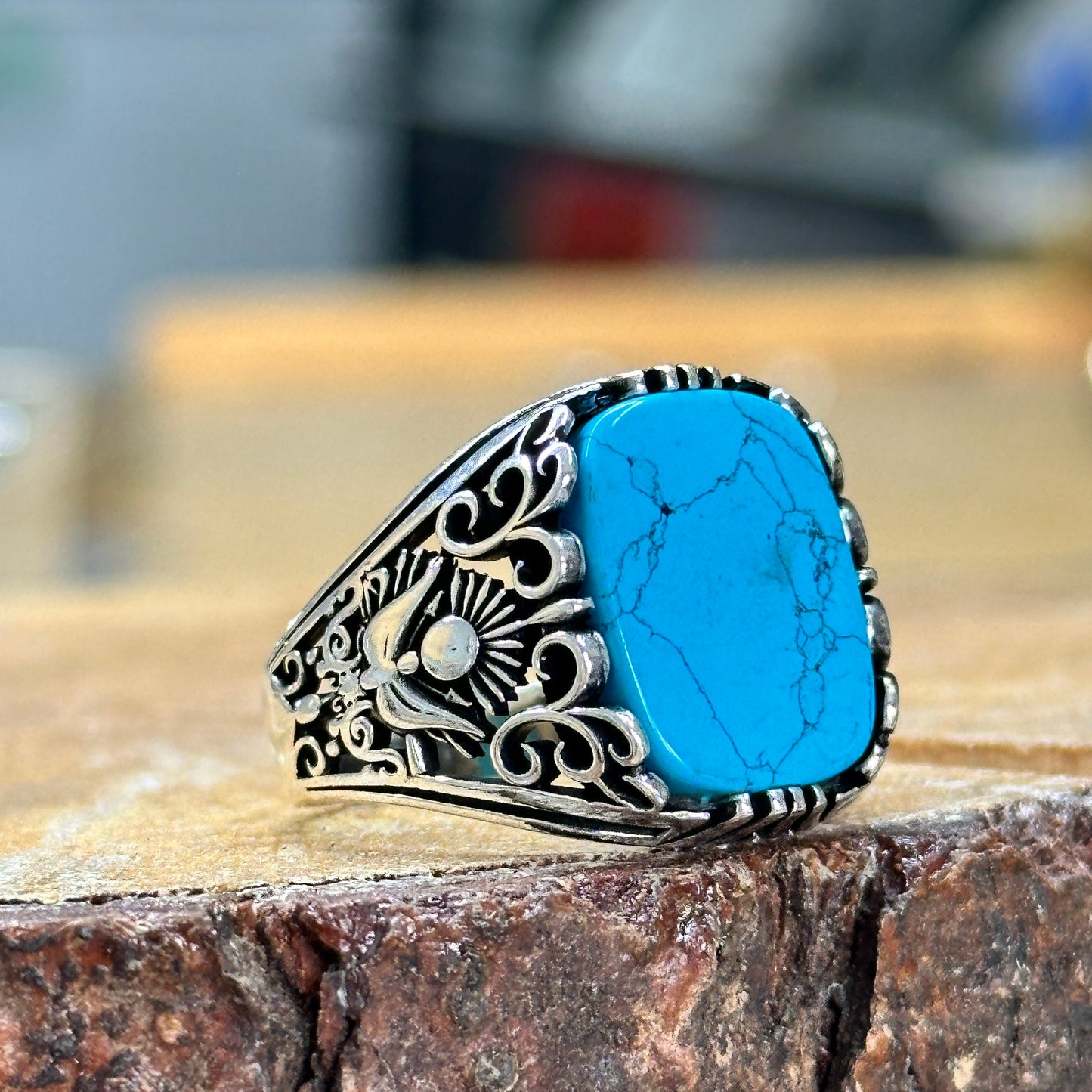 Men Handmade Natural Turquoise Stone Silver Ring