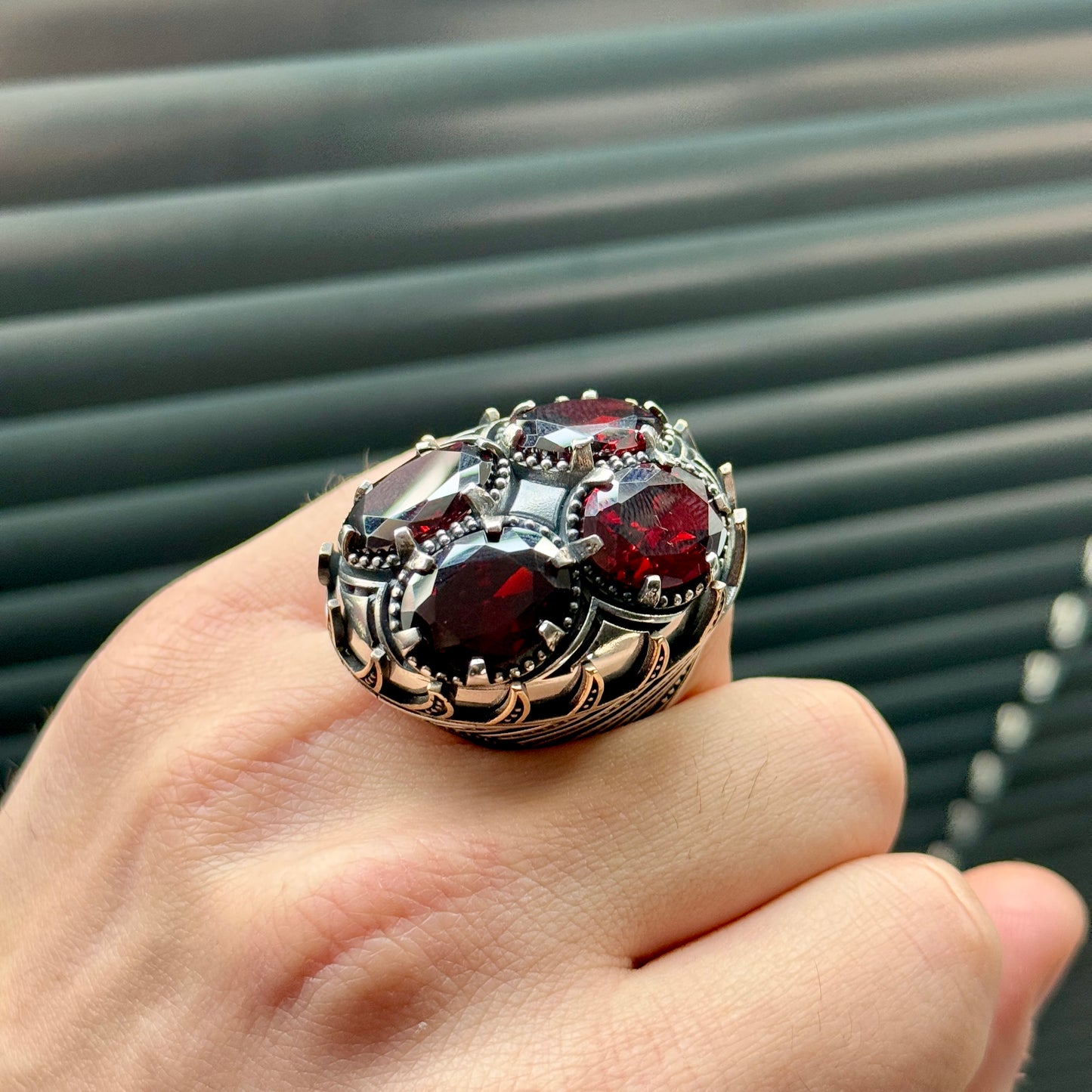 Men Silver Handmade Large Garnet Gemstone Handmade Ring