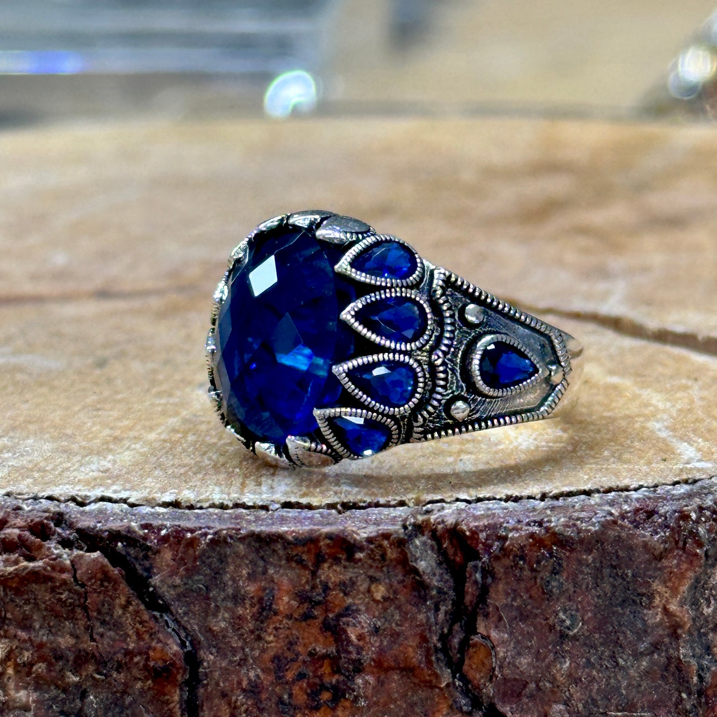 Men Handmade Minimal Ottoman Style Sapphire Stone Ring