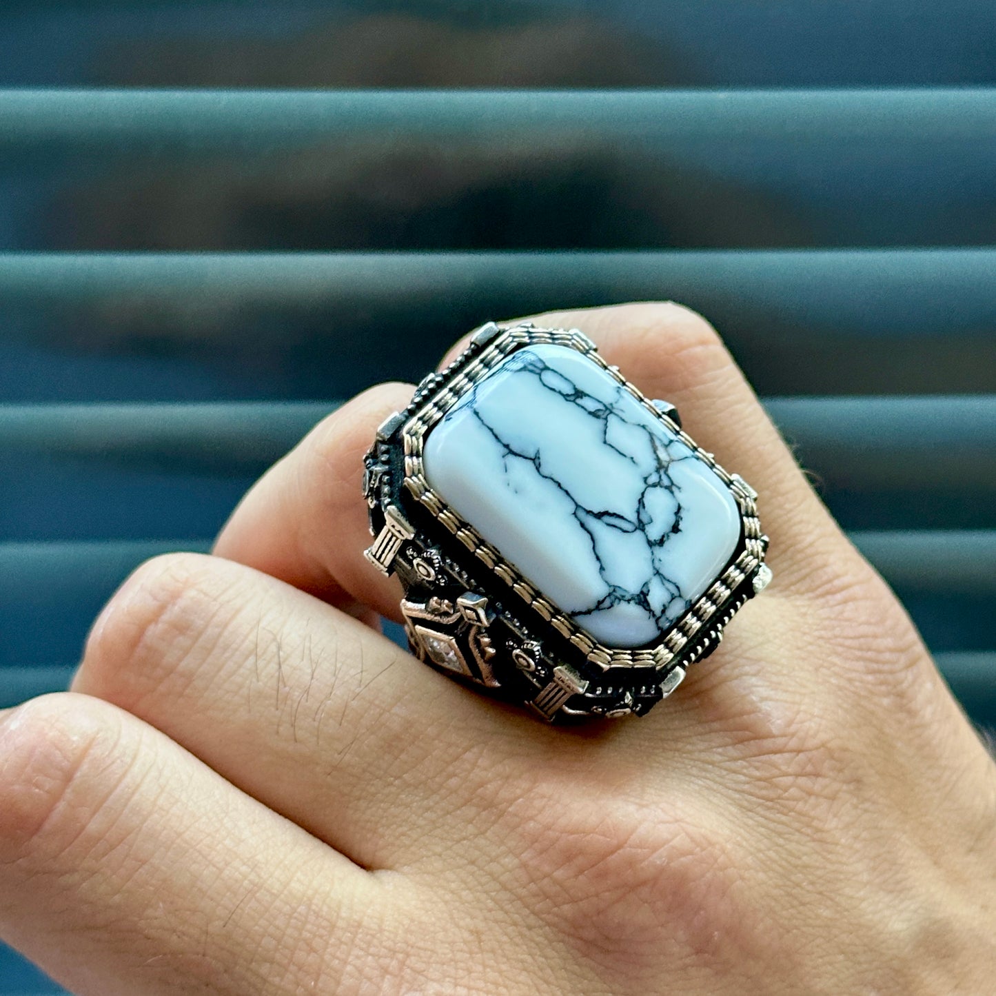 Men Silver Large White Turquoise Gemstone Men Ring