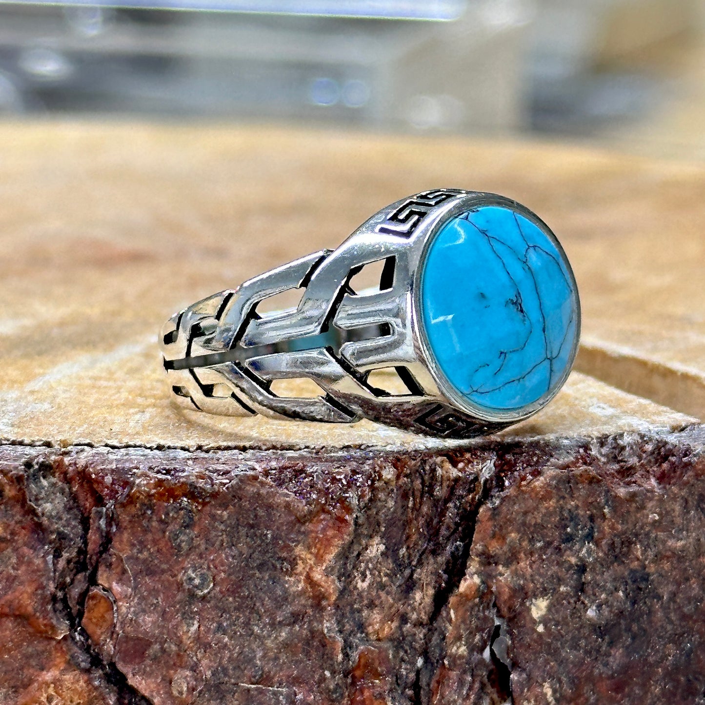 Men Handmade Minimal Round Turquoise Stone Ring