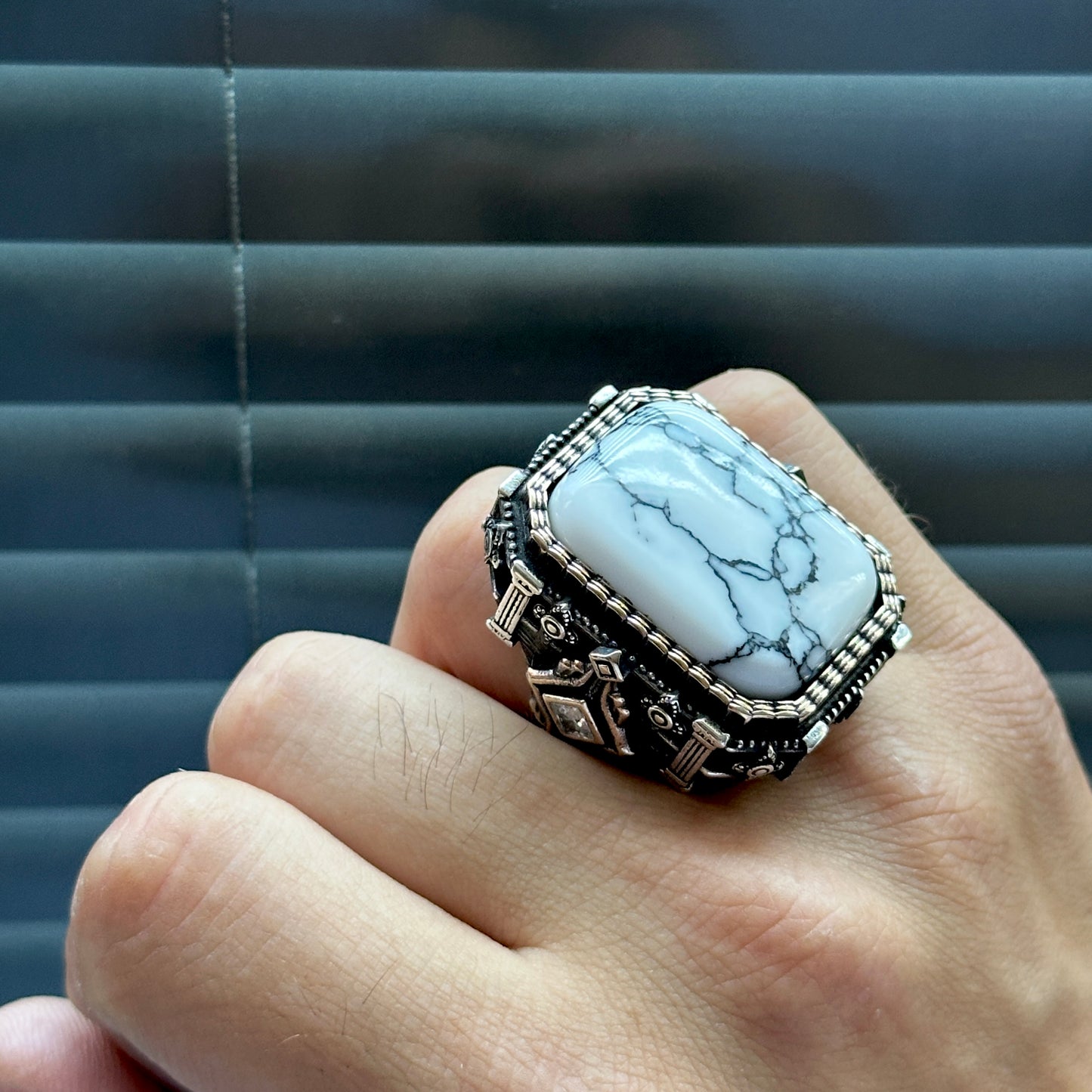 Men Silver Large White Turquoise Gemstone Men Ring