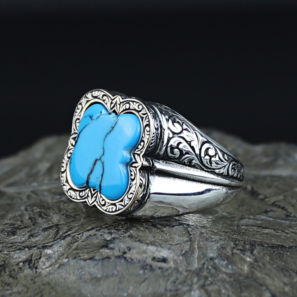 925 Silver Men Handmade Blue Turquoise Gemstone Ring