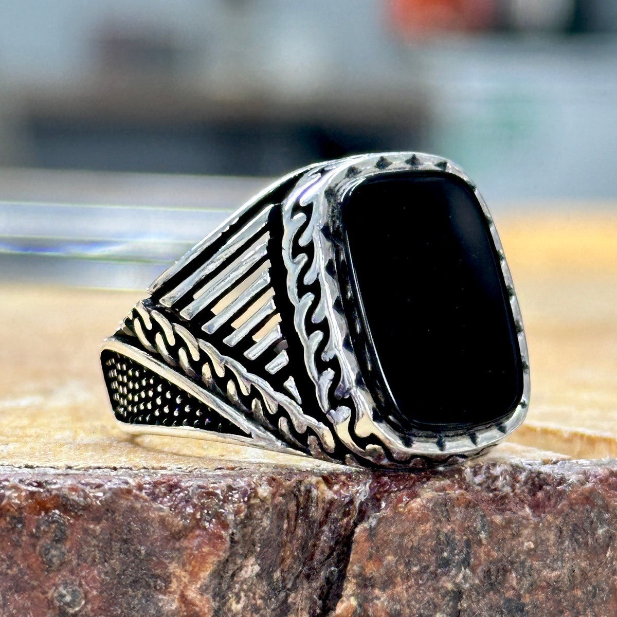 Handgemachter Silberring mit schwarzem Onyx-Edelstein für Männer