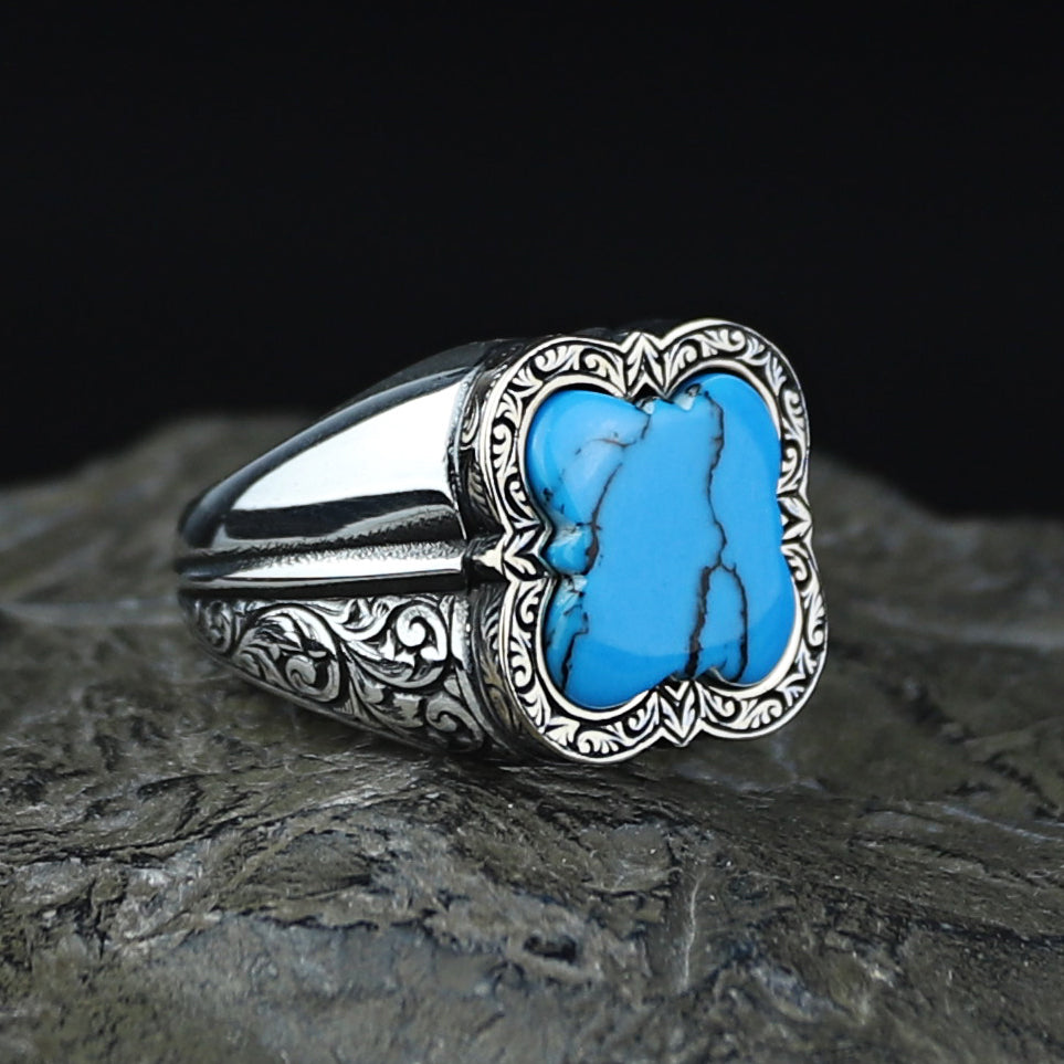 925 Silver Men Handmade Blue Turquoise Gemstone Ring