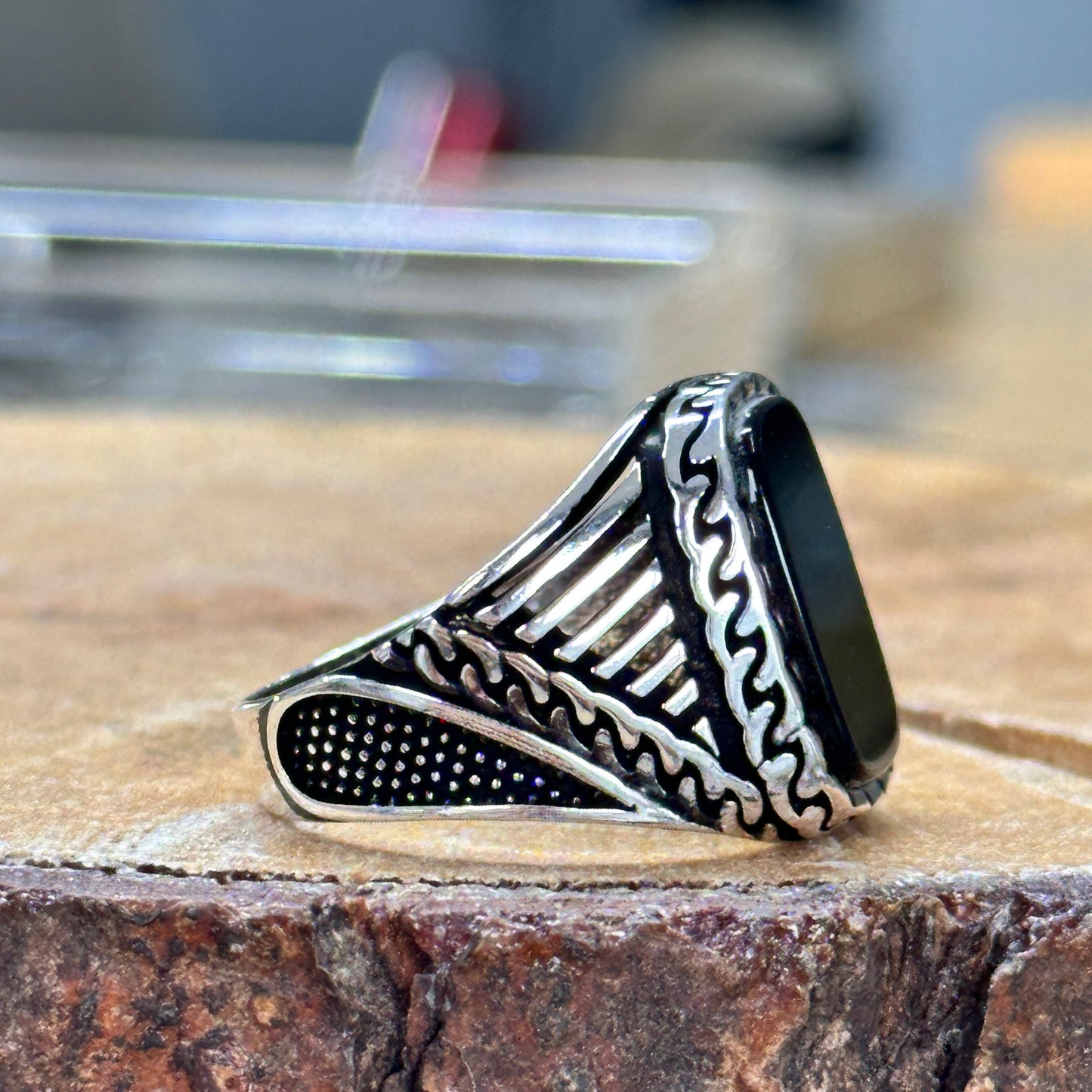 Men Silver Handmade Black Onyx Gemstone Ring