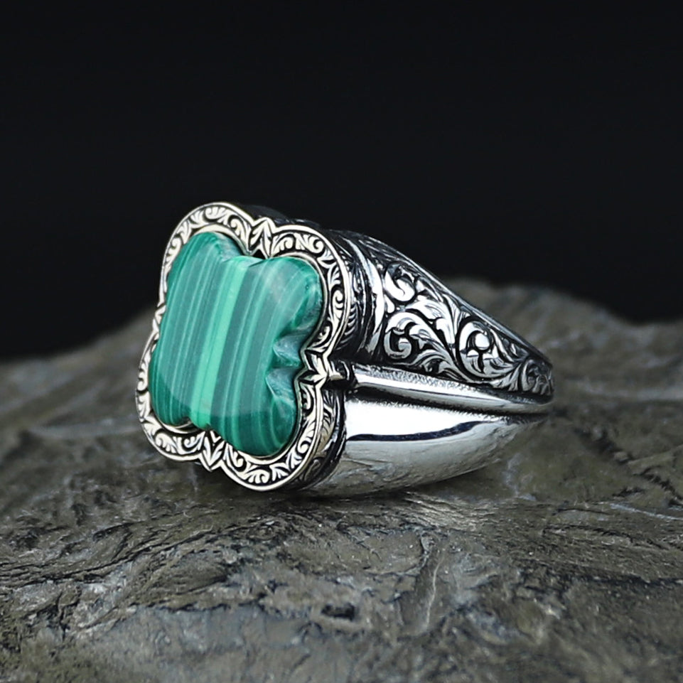 Men Handmade Malachite Gemstone Ottoman Style Ring