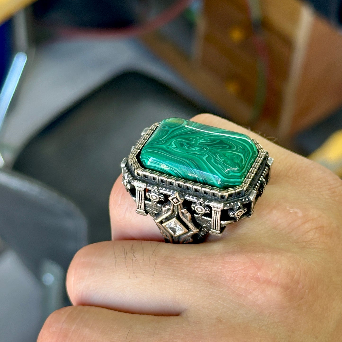 Men Silver Handmade Malachite Gemstone Large Ring