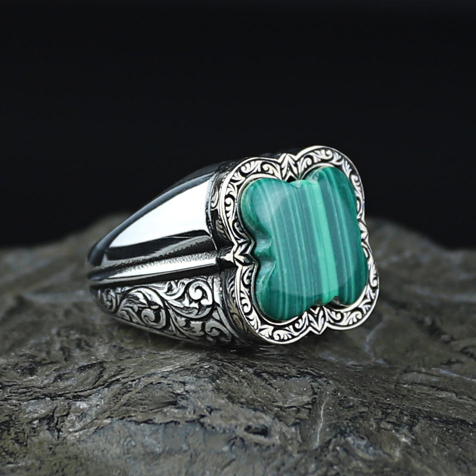 Men Handmade Malachite Gemstone Ottoman Style Ring