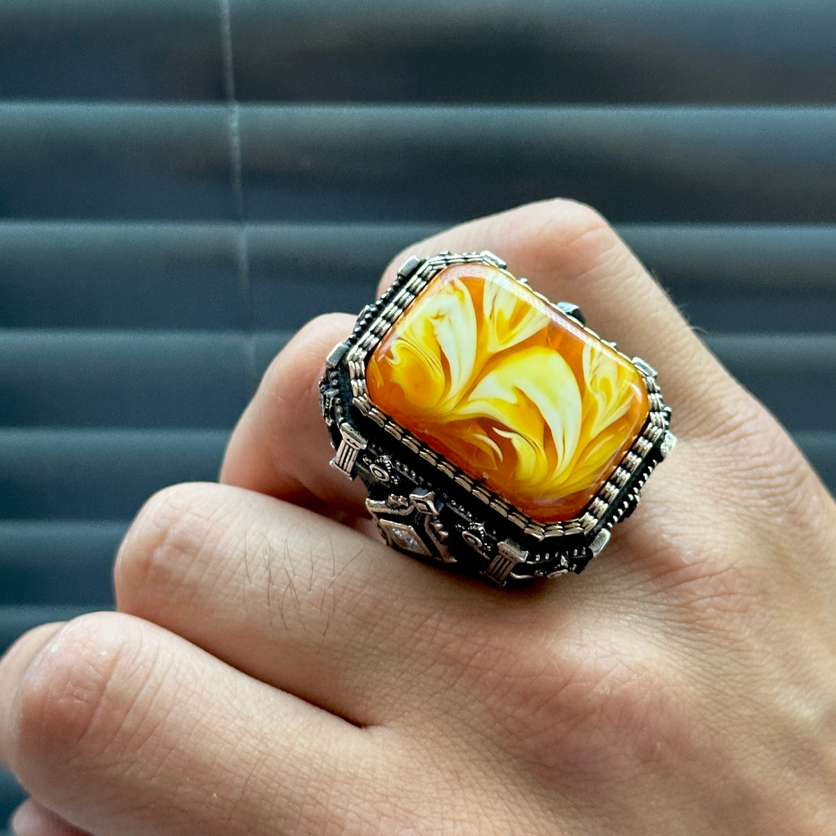 Men’s Handmade Silver Square Large Amber Stone Ring