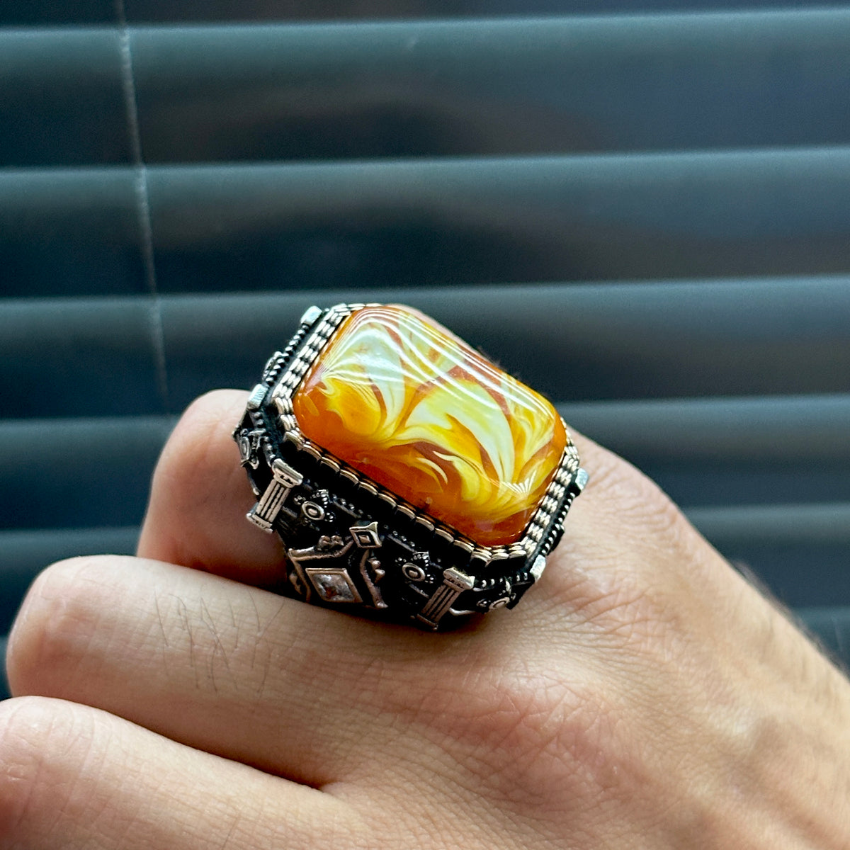 Men’s Handmade Silver Square Large Amber Stone Ring