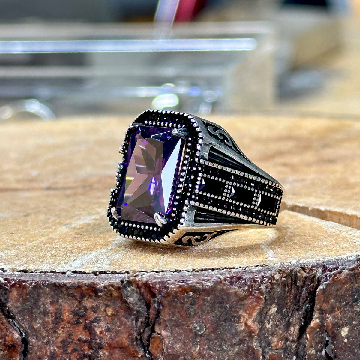 Men Silver Square Amethyst Ring