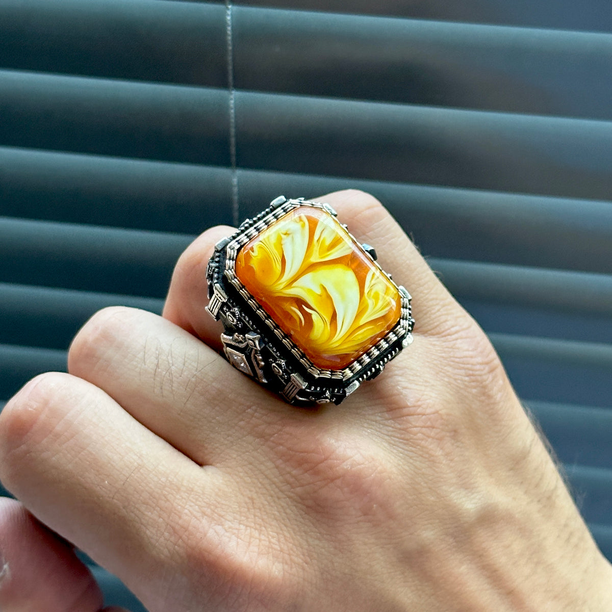 Men’s Handmade Silver Square Large Amber Stone Ring