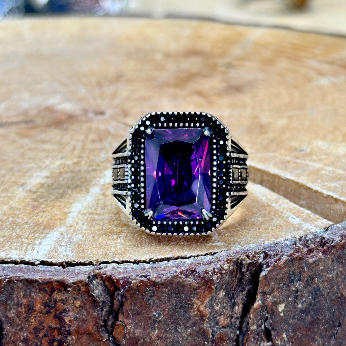 Men Silver Square Amethyst Ring
