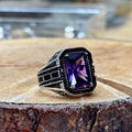 Men Silver Square Amethyst Ring