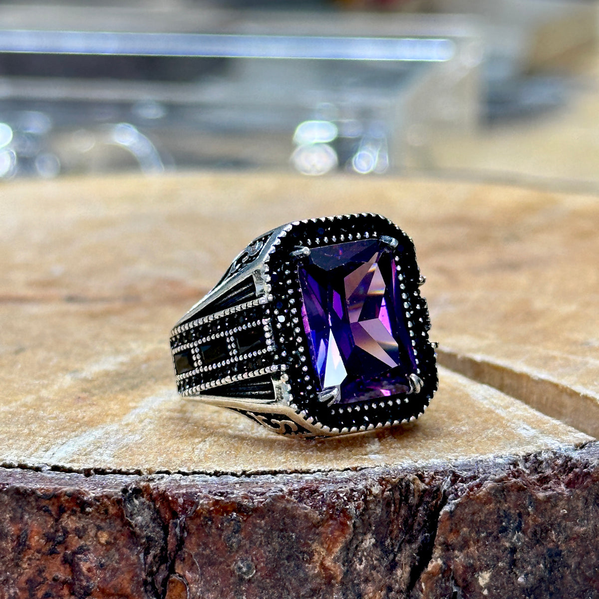 Men Silver Square Amethyst Ring