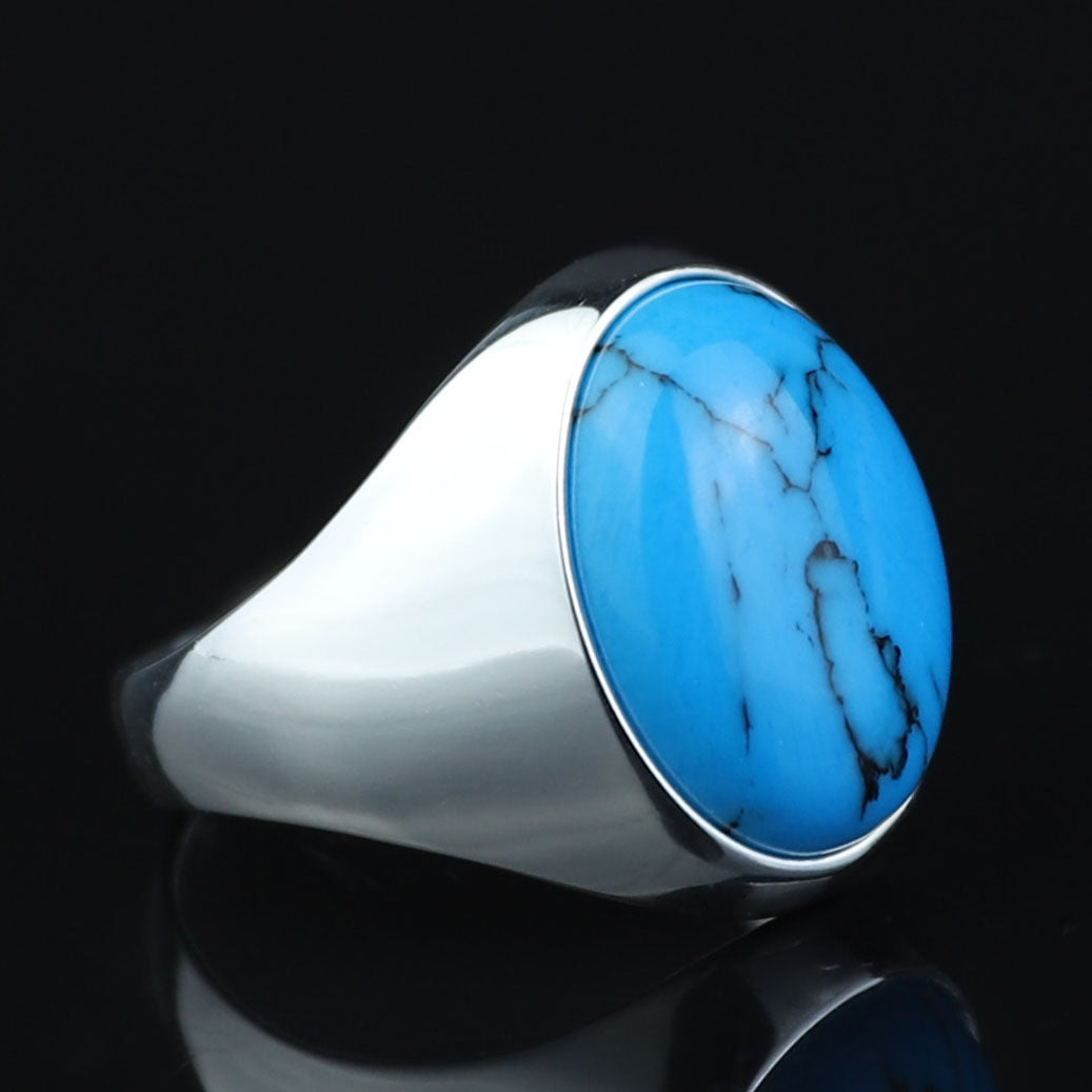 925 Sterling Silver Oval Turquoise Ring – Unisex Turkish Design