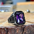 Men Silver Square Amethyst Ring