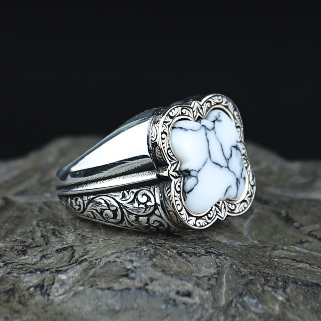 Men Handmade White Turquoise Gemstone Sterling Silver Ring