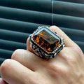 Men Silver Large Amber Gemstone Square Ring