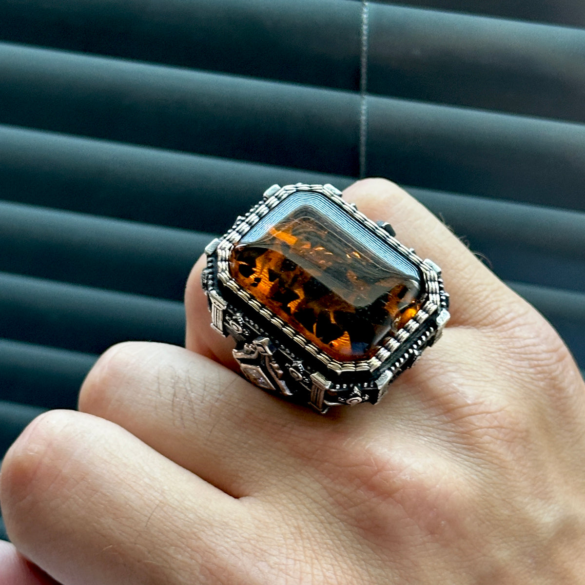 Men Silver Large Amber Gemstone Square Ring