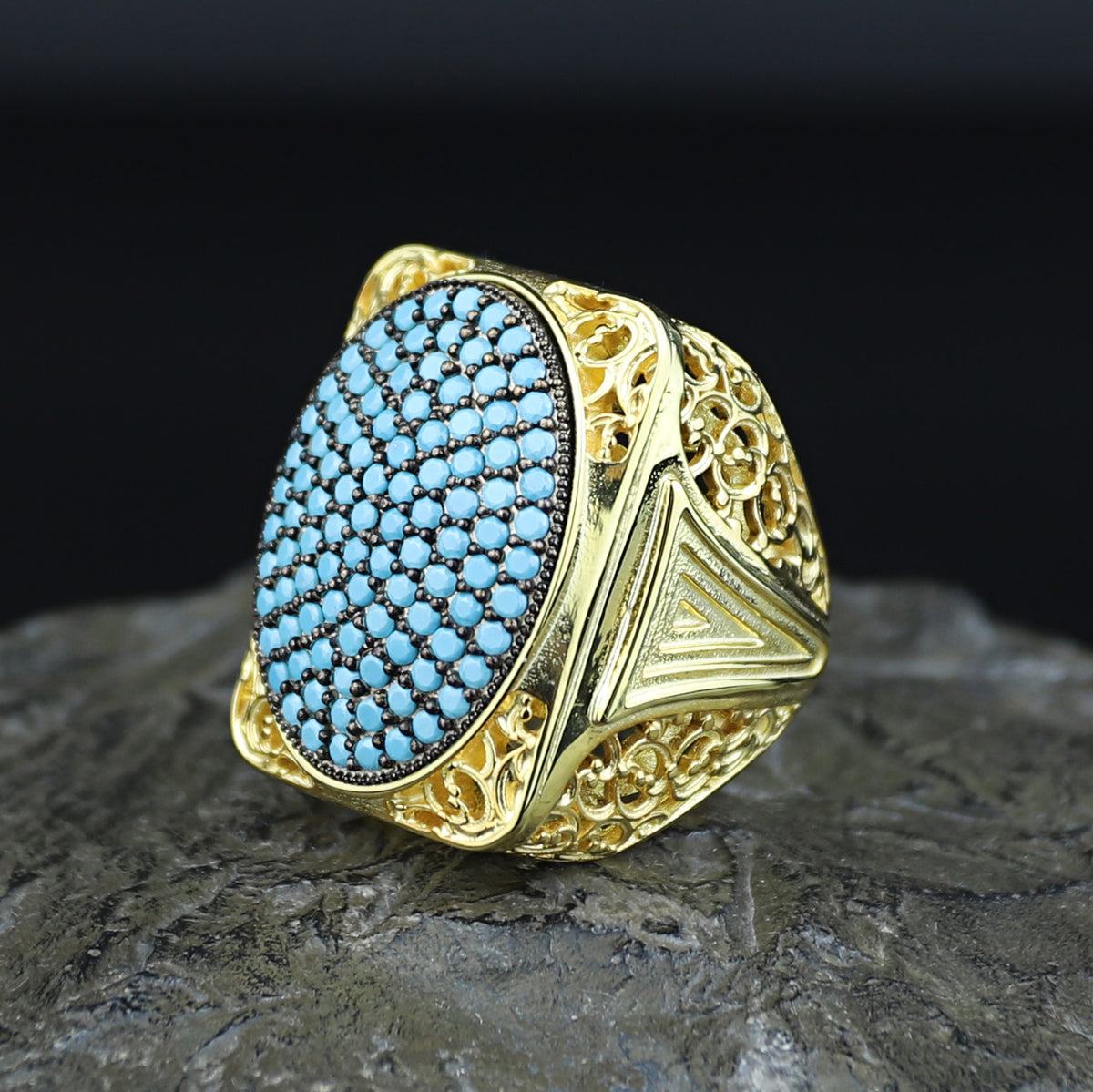 925 Silver Men Handmade Large Gold Turquoise Ring