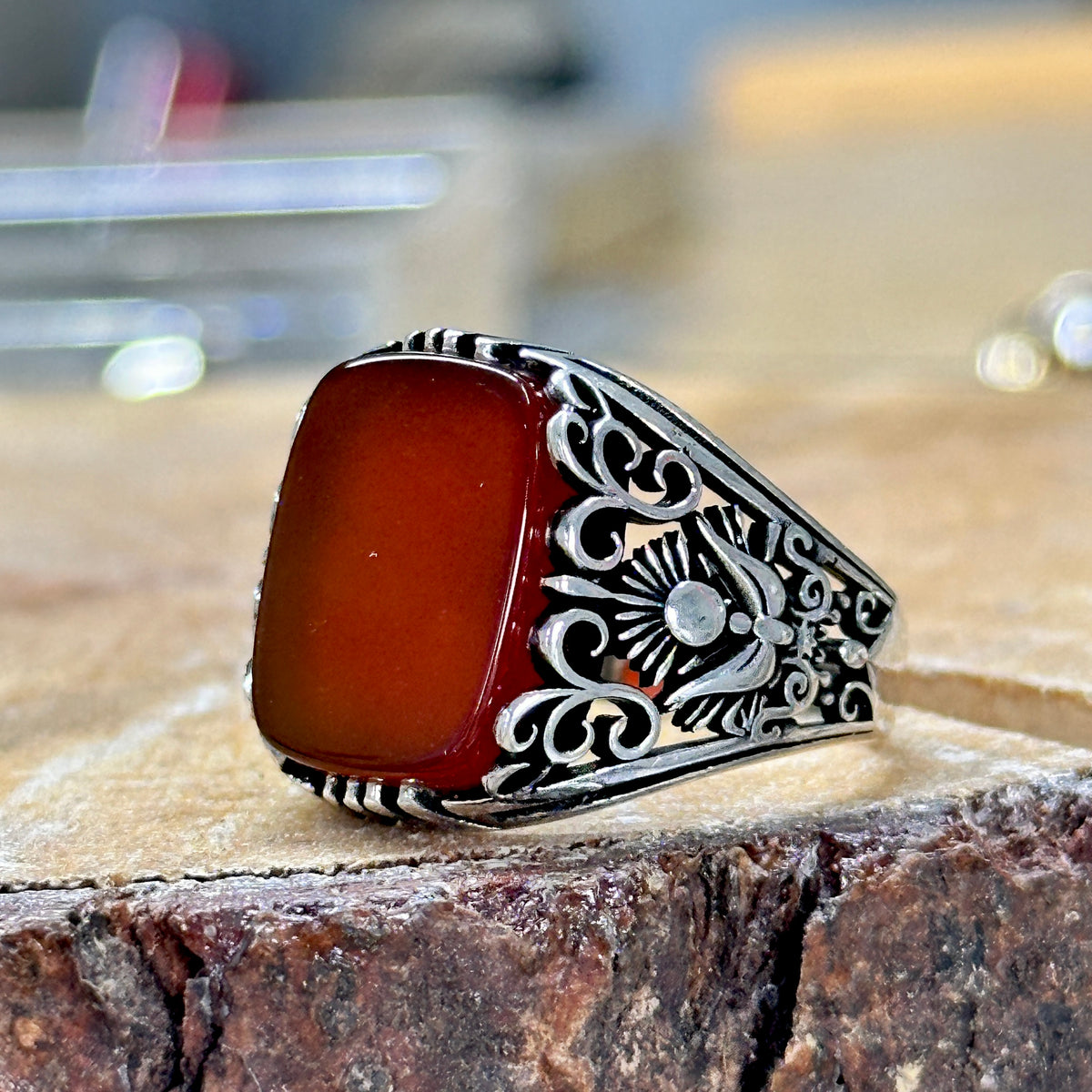 Men Handmade Natural Red Agate ( Aqeeq ) Gemstone Ring
