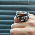Men Silver Large Amber Gemstone Square Ring