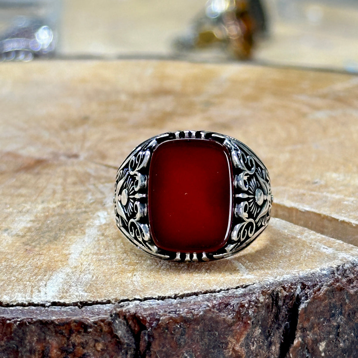 Men Handmade Natural Red Agate ( Aqeeq ) Gemstone Ring