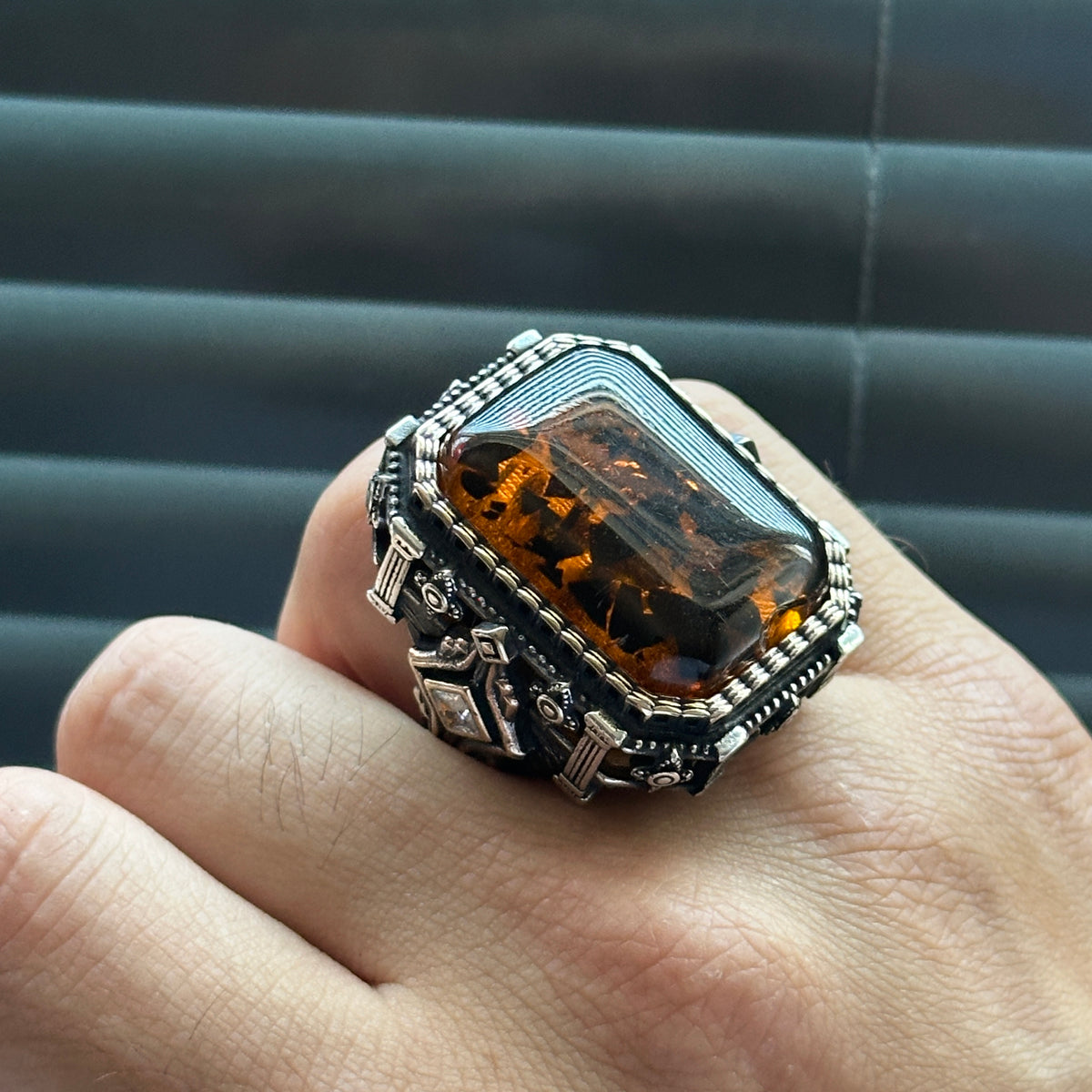 Men Silver Large Amber Gemstone Square Ring